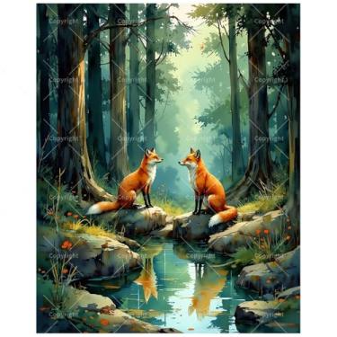 Imagem de Kit de pintura Forest Wildlife por números para adultos - DIY Two Foxes by The Stream pintura em tela 40,6 x 50 cm, conjunto de tinta acrílica, adequado para iniciantes, arte para decoração de casa ou