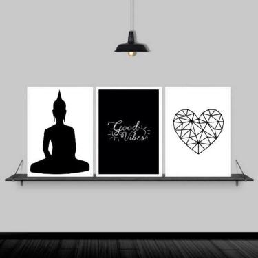 Imagem de Kit 3 Quadros Zen Buda Good Vibes 45X34 C/Vidro - Branca