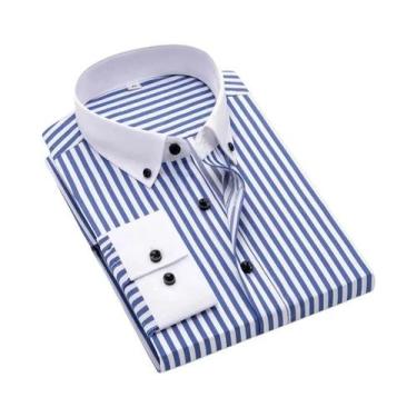 Imagem de Camisa De Negócios Masculina Slim Fit De Manga Longa Com Listras E Pat