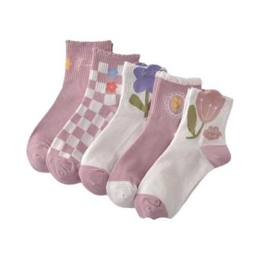 Imagem de Meias Femininas De Algodão Com Estampa Floral, 5/10 Pares, Confortávei