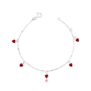 Imagem de Pulseira Prata 925 Corações - Rei Das Joias, Vermelho, Prata 925, 16CM