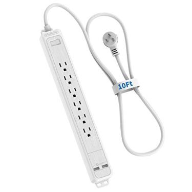 Imagem de NTONPOWER 6 tomadas de tomada com cabo de extensão de 3 metros, plugue plano de 1875 W com 2 USB, disjuntor de 15 A, suporte de parede para oficina de home theater, branco, 1080 Joules