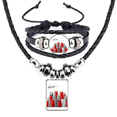 Imagem de Conjunto de joias de couro para amante de animais de estimação com desenho fofo de gato Mewing Protect Animal Pet Lover