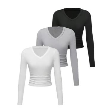 Imagem de SOLY HUX Camisetas femininas de manga comprida e gola V, 3 peças, camiseta básica de malha canelada, Preto, cinza, branco, G