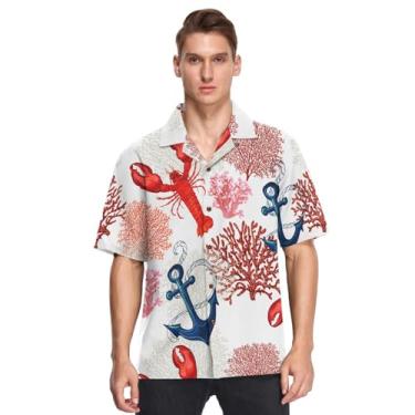 Imagem de Camiseta havaiana de manga curta com botões e estampa tropical do oceano marinho coral lagosta âncora esportiva, Lagosta coral com estampa tropical do oceano marinho, XXG