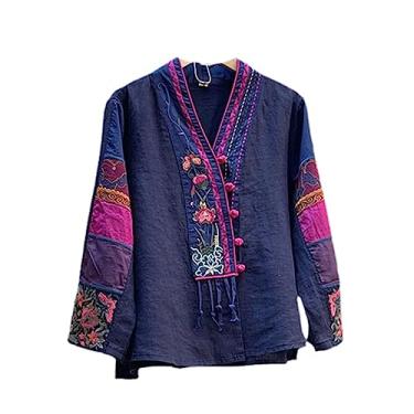Imagem de Camisa feminina estilo nacional bordado linho chinês oriental vintage primavera curta patchwork tang terno camisa feminina, Azul, GG