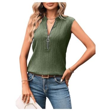 Imagem de MakeMeChic Blusa feminina casual com gola V, meio zíper, sem mangas, camisetas de verão, Verde militar, GG