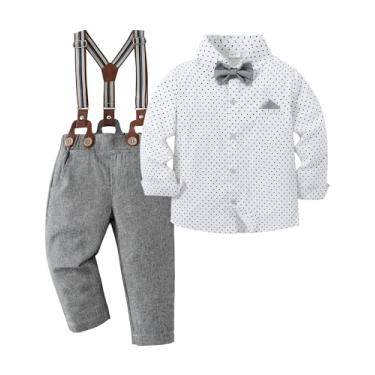 Imagem de nilikastta Roupas para meninos, camisa social com gravata borboleta + calça suspensória, roupas de casamento para cavalheiros de 6 a 10 anos, Cinza, 6-7 anos