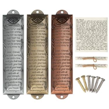 Imagem de Exselens Mezuzá conjunto de 3 mezuzá de porta judaica com bênção da casa inglesa/hebraica, caixas de metal com pergaminhos não kosher, ouro, prata, bronze