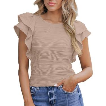 Imagem de Camiseta feminina texturizada de manga com babados em camadas blusa cor sólida gola redonda camiseta verão sair, Caqui, GG