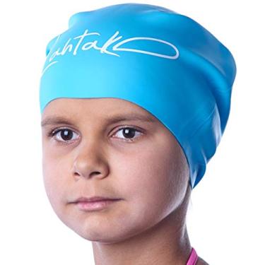 Imagem de Toucas de natação para cabelos compridos infantis – Touca de natação para meninos e crianças adolescentes com tranças longas e encaracoladas – Chapéu de natação 100% de silicone hipoalergênico impermeável (azul água, pequeno)