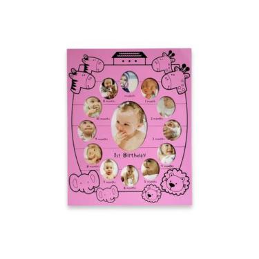 Imagem de Porta Retrato Baby 12 Meses Prata Fases Da Vida Bebê - MktPlace, Rosa