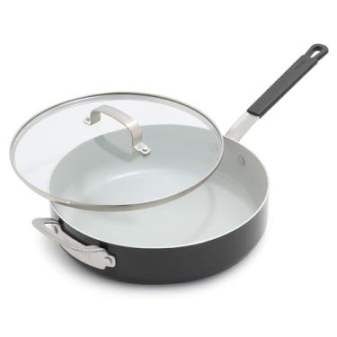 Imagem de GreenPan Frigideira antiaderente Bobby Flay de 4,5 litros com tampa de vidro, cerâmica de diamante sem PFAS, adequada para indução, alça de silicone que permanece fresca, fácil de limpar na