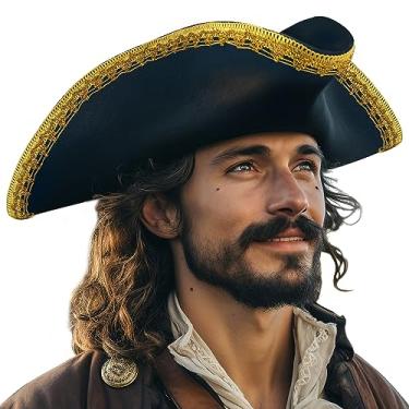 Imagem de HOMELEX Chapéu pirata autêntico para fantasia de tricórnio colonial de Halloween para adultos, Dourado, tamanho �nico