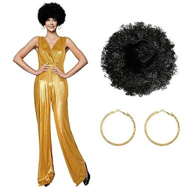 Imagem de Yahenda 3 peças de fantasia feminina de boneca discoteca dourada dos anos 70 com perucas curtas e encaracoladas, brincos de argola grandes para o Dia das Bruxas, Dourado, Medium