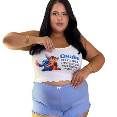 Imagem de Pijama Feminino Plus Size  Conjunto Baby Doll Curto com Estampa Stitch