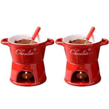 Imagem de ABPWO Caneca de fondue de chocolate, canecas de cerâmica para chocolate ou queijo, inclui garfos, 283 g (2 vermelho B)