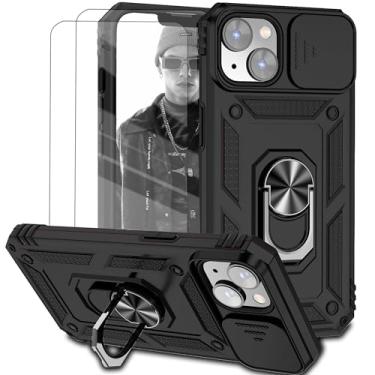 Imagem de Capa para iPhone 14 Plus Capinha | com 2 peças de protetor de tela temperado com janela deslizante da câmera e suporte para telefone incluídos - Preto