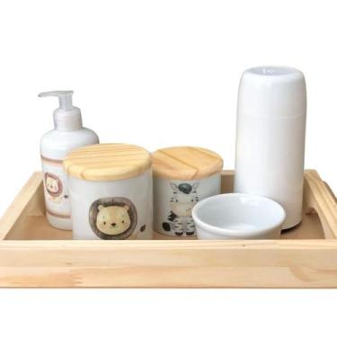 Imagem de Kit higiene bebê Safari 6 peças - potes e porta álcool - Peças Porcela