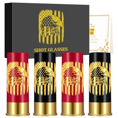 Imagem de Conjunto de 4 copos de bala de plástico com bandeira de águia com caixa de presente para festa de casamento de aniversário, presente de Natal para homens e mulheres, patriota, copos pequenos 12G para