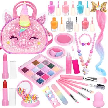 Imagem de Kit de maquiagem Meaicezli Real para crianças e meninas com bolsa de unicórnio rosa