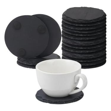 Imagem de Pacote com 20 porta-copos redondos de ardósia de 10 cm, porta-copos de pedra preta com fundo antiarranhões, ideal para decoração de casa, bar, presentes de inauguração de casa e gravação a laser
