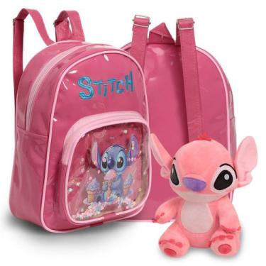 Imagem de Kit Mochila Infantil Stitch Pequena Com Urso De Pelúcia Rosa - Plike