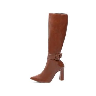Imagem de EMILY ONLINE, Bota Cano Longo Bico Fino Salto Alto Grosso Feminina 9 cm (Caramelo, BR, Adulto, Numérico, 38)