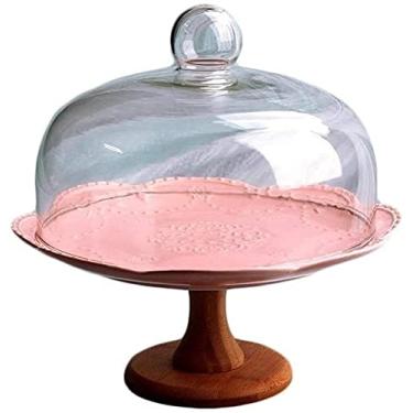 Imagem de RVGOJHYF Suporte de bolo de cúpula, bandeja de bolo doméstica, base de madeira, decoração de casamento, prato de salada, de vidro transparente, sanduíche, à prova de poeira, suporte para bolo, pode