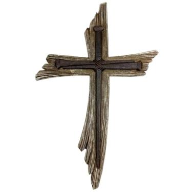 Imagem de Top Brass Cruz rústica de parede de 3 unhas – Cruz cristã de resina de 30,5 cm com aparência de madeira desgastada e pregos simbólicos da crucificação de Cristo – Arte religiosa do crucifixo de Jesus