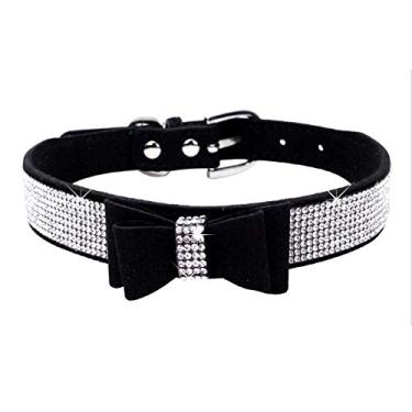 Imagem de Pimaodog Coleira para cachorro com strass, lindo deslumbrante couro de camurça macio ajustável cão gato coleira diamante cristal para filhotes pequenos médios grandes (P: 26 - 32 cm, preto -1)