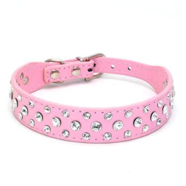 Imagem de Pimaodog Coleira para cachorro com strass, strass brilhante couro PU cristal diamante pet cão gato filhote coleira preta P M G GG (P: 20-26 cm, rosa)