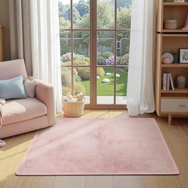 Imagem de jinchan Tapete de pelúcia sólido 7,5 x 12,5 cm, lavável, macio, moderno, de lã sintética, aconchegante e antiderrapante, para sala de estar, quarto de crianças, quarto, sala de jantar, berçário, rosa