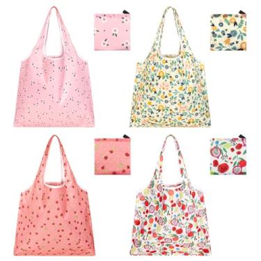 Imagem de GAUENEEN 4 peças de sacolas de compras reutilizáveis, sacolas de compras dobráveis resistentes, bolsa nano grande para compras diárias, à prova d'água e lavável na máquina (flores)