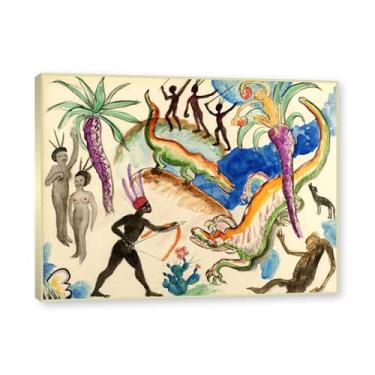 Imagem de NHLDZYH Moldura dourada champanhe. Impressões de artistas famosos, (Crocodile Hunt) por Gabriele Münter, pôster de reprodução de impressões em tela de paisagem para decoração de casa 40 x 50 cm - 15,8