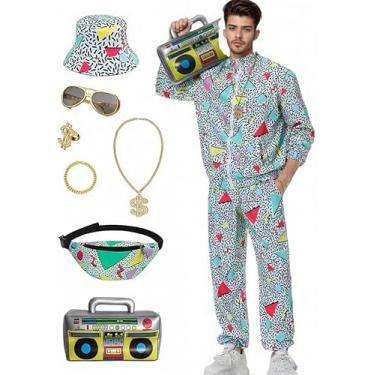 Imagem de Fawnovey Fantasia masculina dos anos 80 e 90 com acessórios para festa, academia ou uso diário, roupa de treino para homens (cinza, G)