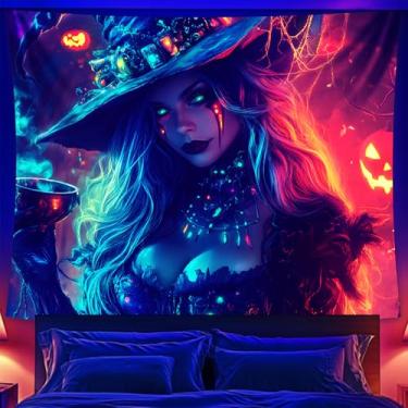Imagem de BVBOX Tapeçaria de Halloween, tapeçaria de luz negra para decoração de festa de Halloween, tapeçarias suspensas, pano de fundo, pôster de arte de parede para quarto dormitório 150 x 129 cm