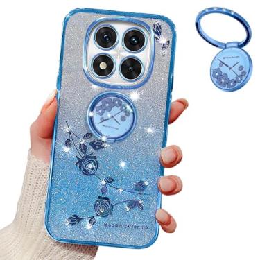 Imagem de MRRSIWEI Capa para Xiaomi Redmi Note 14 Pro para mulheres e meninas, capa à prova de choque com flores brilhantes e brilhantes com suporte de anel para Xiaomi Redmi Note 14 Pro. Flores azuis