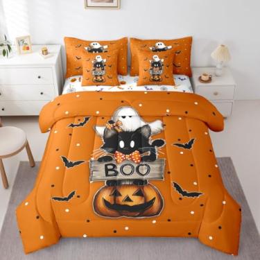 Imagem de Erosebridal Conjunto de cama casal de gato preto, 7 peças, tema de Halloween em uma bolsa, conjunto de cama de abóbora fantasma inclui edredom, conjunto de lençóis, fronhas e fronhas, decoração de