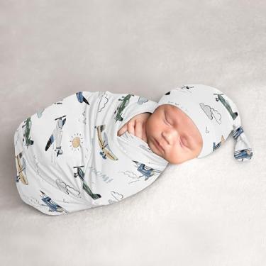 Imagem de Sweet Jojo Designs Enfaixar e gorro de casulo de bebê vintage verde avião, conjunto de jérsei recém-nascido, cobertor vestível para bebês, conjunto de roupa para ir para casa - aviões, transporte