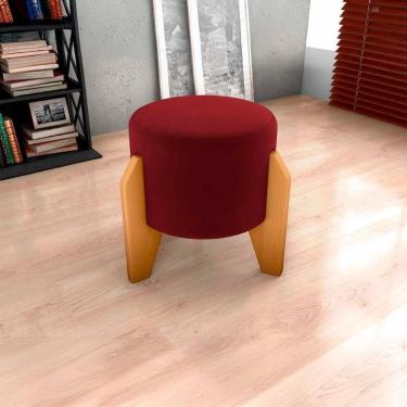 Imagem de Puff Banqueta Redondo Pés Madeira Luxo Matrix Veludo Vinho