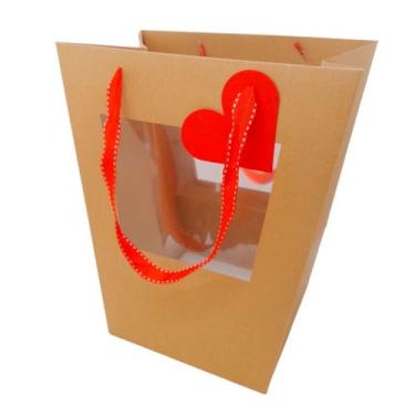 Imagem de Sacola de Papel com visor duplo de PVC - Kraft com Alça Vermelha e Tag