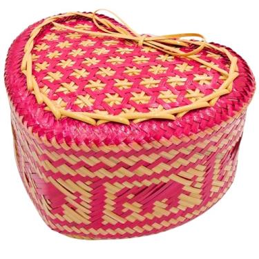 Imagem de Cesta de servir arroz pegajoso de bambu 15 x 13 cm, Kratip, recipiente intrincadamente tecido, em forma de coração, padrão de trama de elefante, azul, tailândia feito à mão (vermelho)