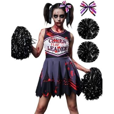 Imagem de JenPen Scary Halloween Cheerleader Outfit for Girls Bloody Cheerleader Costume Bow for Dress up Cosplay Party(3-5 Years)
