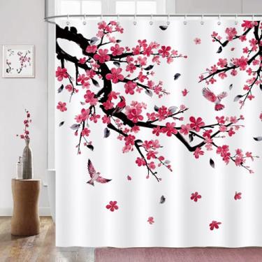 Imagem de COZZSNUGE Cortina de chuveiro floral, rosa vermelha ameixa pássaros cortina de chuveiro impermeável poliéster para banheiro com 12 ganchos, 182 x 182 centímetros