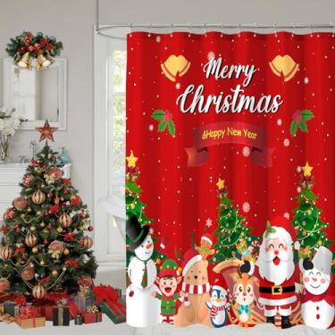 Imagem de YOSTEV Cortina de chuveiro vermelha Papai Noel boneco de neve Feliz Natal, Feliz Ano Novo para banheiro, decoração de casa 182 x 182 cm