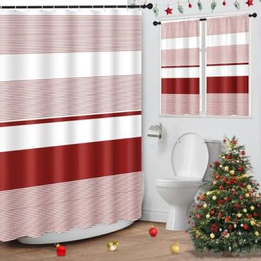 Imagem de Culudea Cortina de chuveiro listrada vermelha natalina com conjunto de cortinas de janela combinando, cortinas de chuveiro modernas e largas e estreitas minimalistas, tecido texturizado waffle à prova