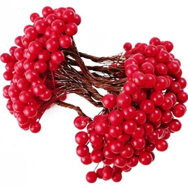 Imagem de ROYHOO 500 peças de bagas artificiais de azevinho de 10 mm em 250 peças de hastes de arame para decoração de árvore de Natal, guirlanda de flores artesanais, suprimentos DIY