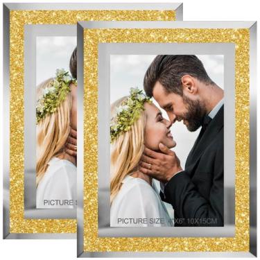 Imagem de Porta-retratos HIKWADERY 4x6 Glitter Gold Glass, conjunto de 2