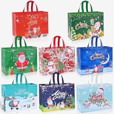 Imagem de RICEDUO 8 peças de sacolas de presente de Natal extragrande, sacolas reutilizáveis com alça, sacolas de compras de supermercado de Natal não tecidas para lembrancinhas de Natal, 16,9 x 12,6 x 17,1